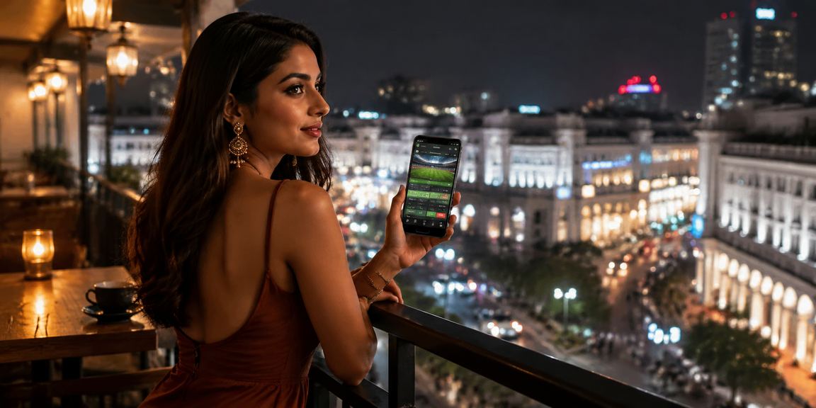 Modern sports betting advertisement neon lights in Delhi's Connaught Place